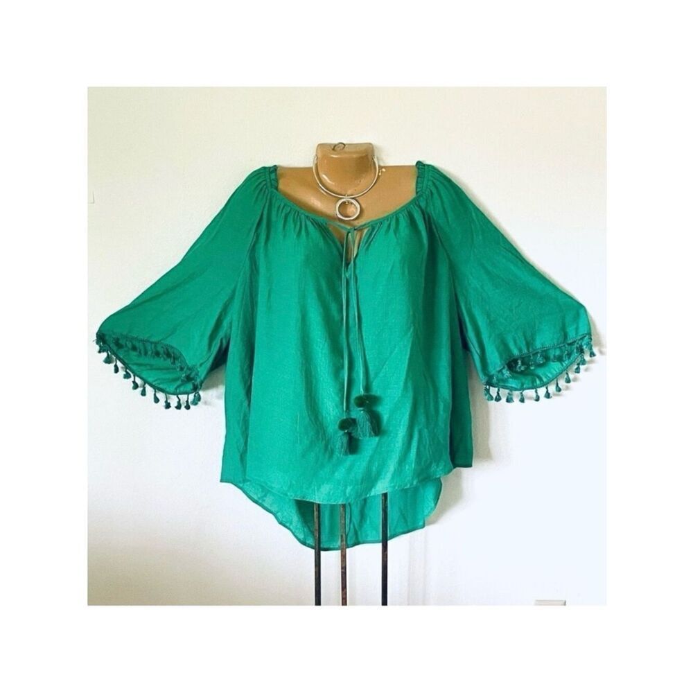 NWT Gorgeous Unique Spectrum 3X Green 3/4 Bell Tassel Sleeve Flowy Peasant Tunic